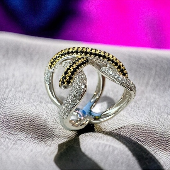 NEW Yellow & Black High Carbon Lab Sapphire Simulant Lace Up Wide Statement Ring - Picture 10 of 16